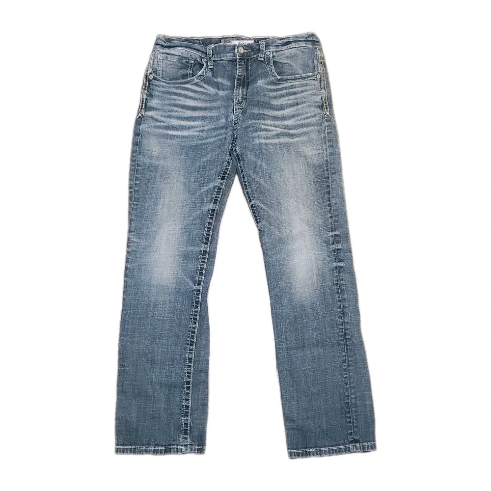 BKE Jake Jeans Mens 36L Straight Leg Denim Classic Casual Buckle Whiskered Faded